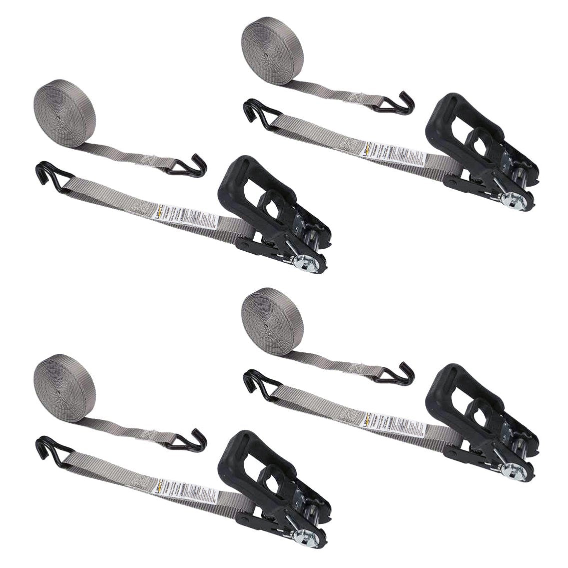 1" x 20' Rubber Coated Ratchet Strap w/ Vinyl Coated Wire Hooks - 4 Pack