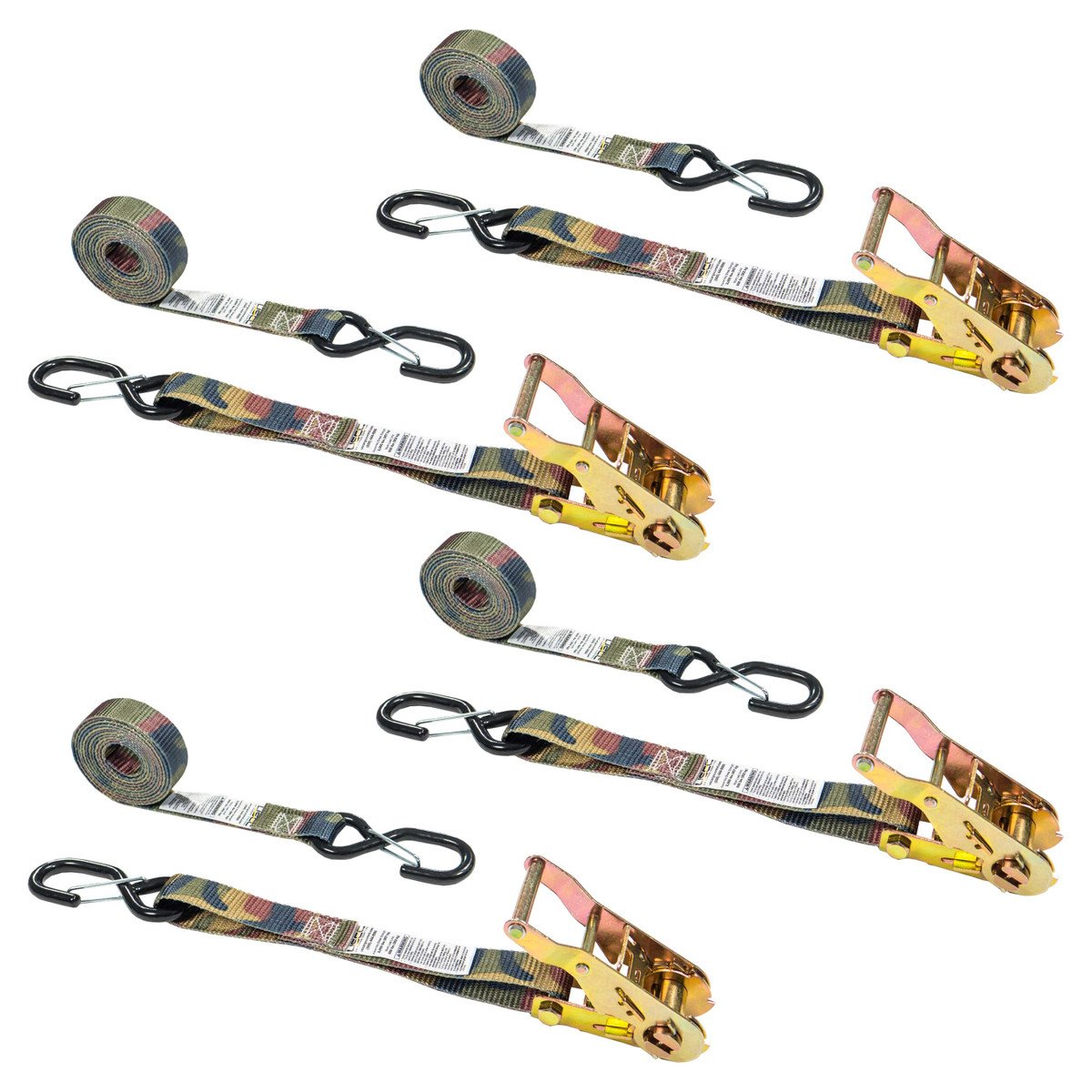 1" x 8' Camo Tree Stand Ratchet Strap w/ Vinyl Coated S-Hook w/ Keeper - 4 pack