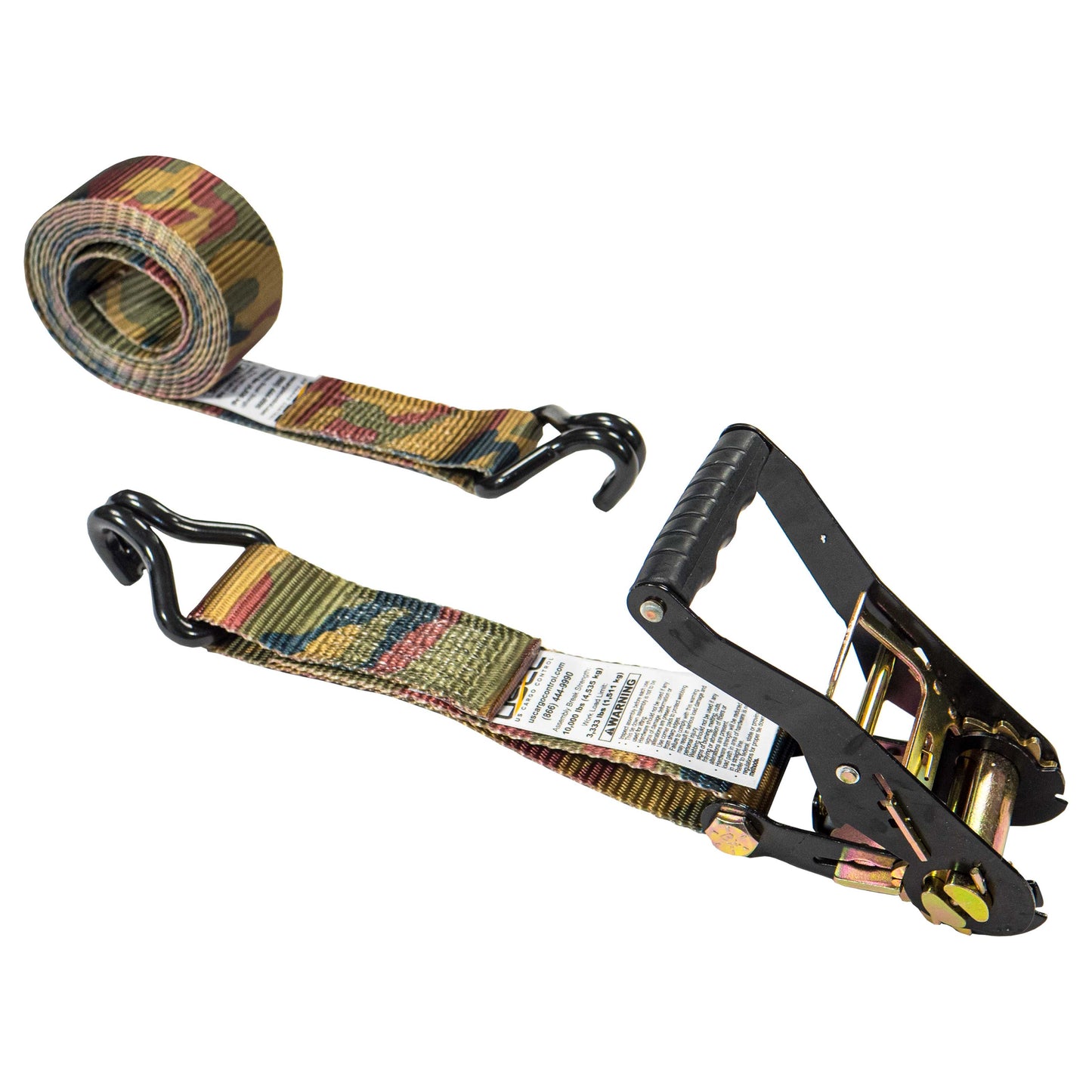 2" x 10' Black Military Ratchet & Camo Strap w/ Black Double J Hooks