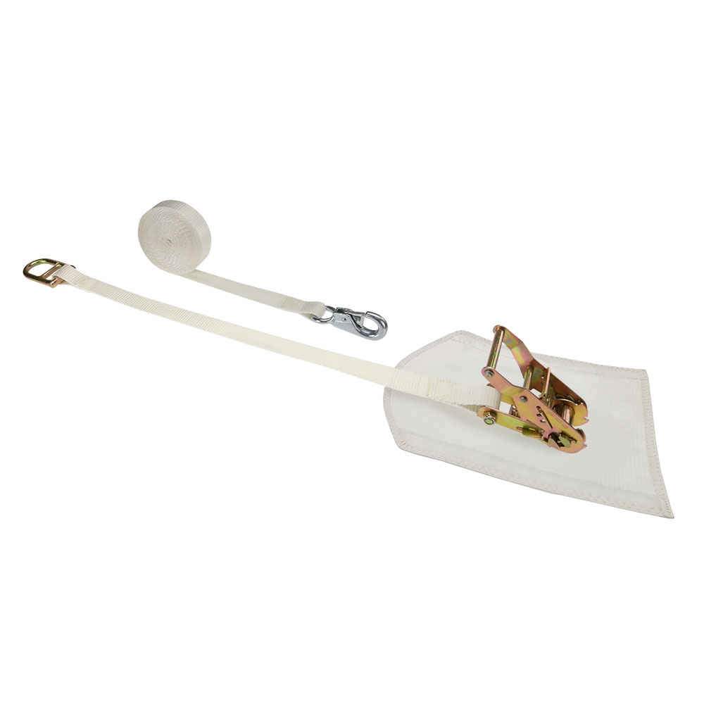 1" x 12' White Tent Strap w/ Cover, Bull Nose Hook & Double D-Ring