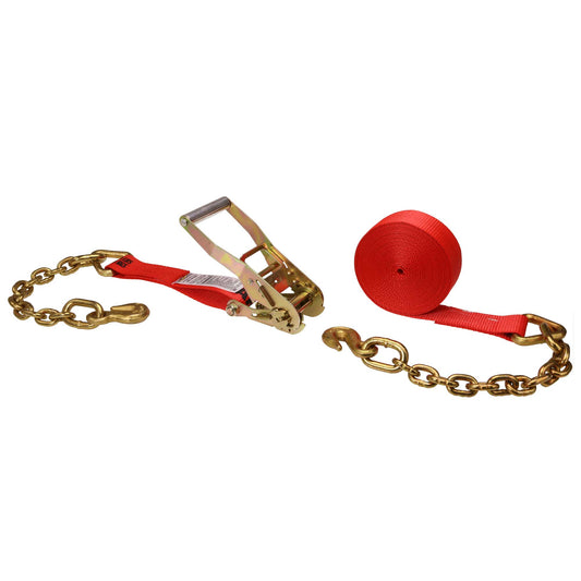 2 inch x 30 foot Red Ratchet Strap w Chain Extension