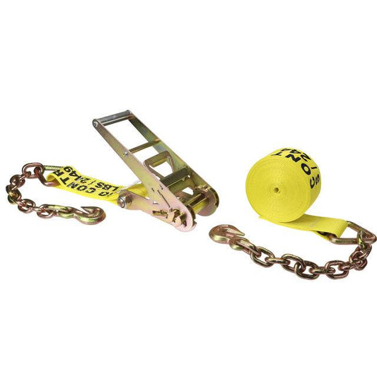 3 inch x 40 foot Yellow Ratchet Strap w Chain Extensions image 1 of 3