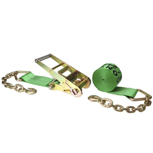 4 inch x 40 foot Green Ratchet Strap w Chain Extensions image 1 of 3