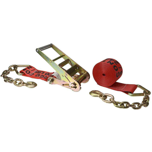 4 inch x 50 foot Red Ratchet Strap w Chain Extensions image 1 of 3