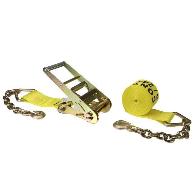 4 inch x 20 foot Yellow Ratchet Strap w Chain Extensions image 1 of 2