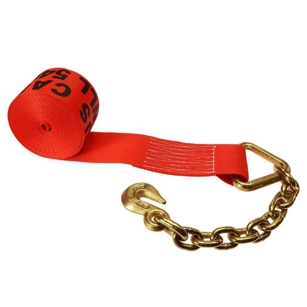 4 inch x 30 foot Red Winch Strap with Chain Extension