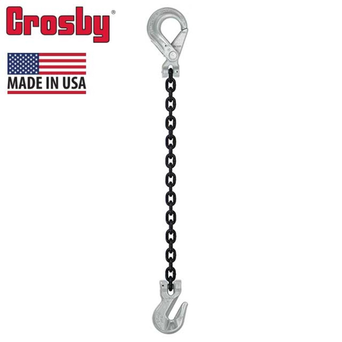 5/16" x 16' - Crosby Single Leg Chain Sling w/ Grab & Self-Locking Hooks - Grade 100