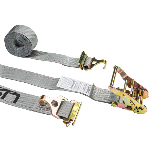 2 inch x 16 foot Gray Ratchet Strap w 2 inch F Track Hooks & Spring EFittings image 1 of 8