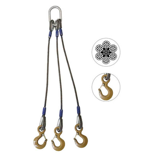Wire Rope Sling 3 Leg Bridle w Eye Hooks 12 inch x 5 foot Domestic image 1 of 6